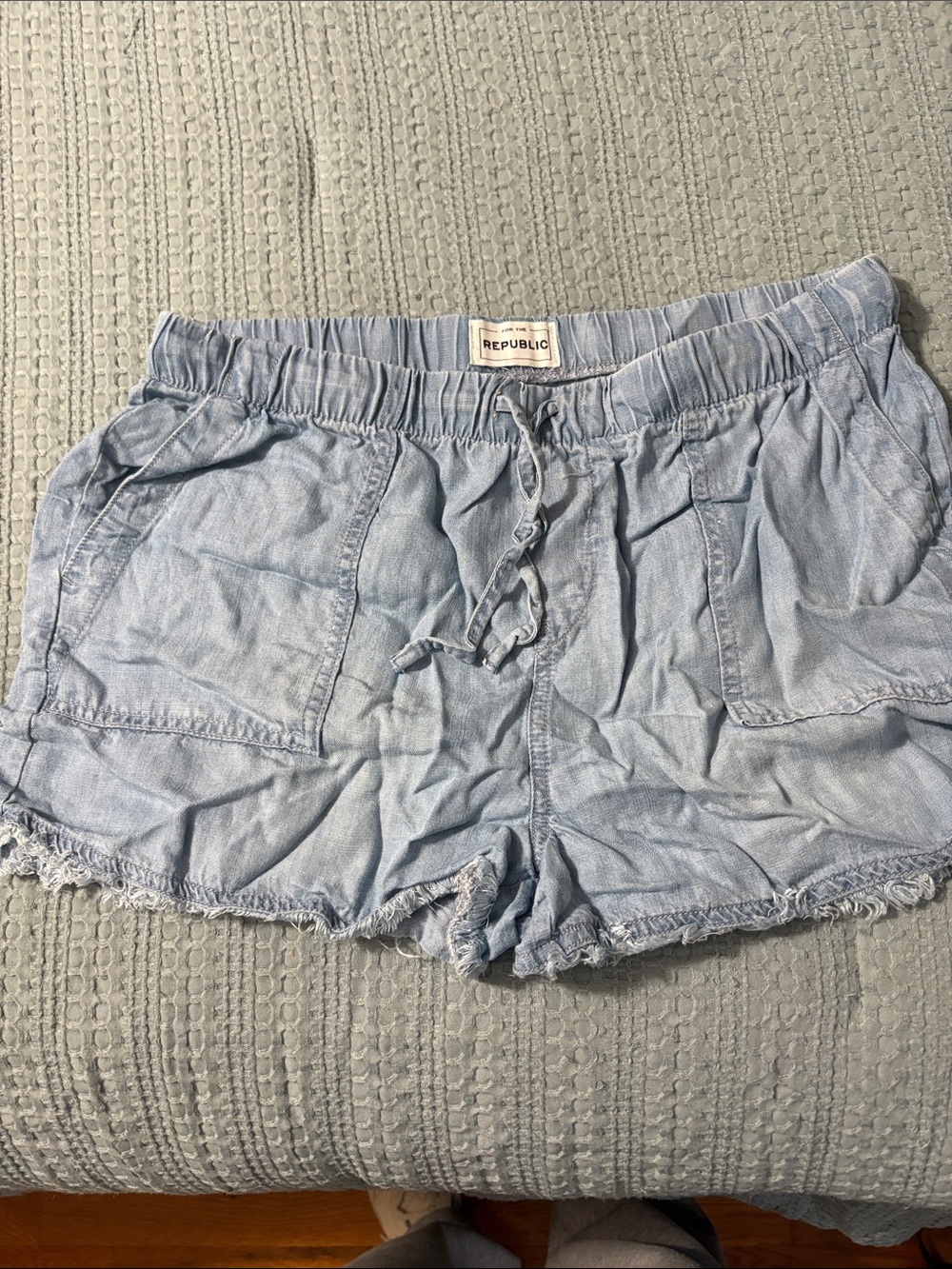 For The Republic Light Blue Chambray Drawstring Pocket Shorts